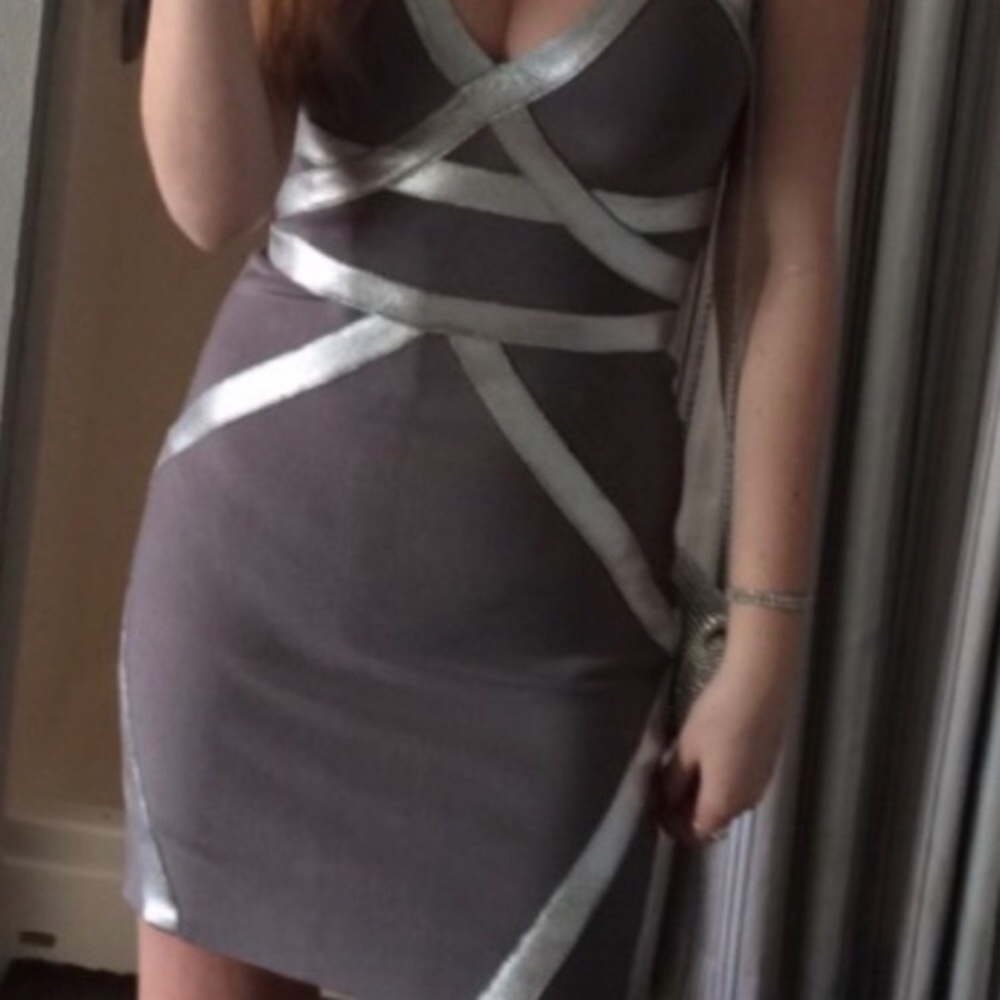 BEBE Silver and Grey Bandage Bodycon Mini Dress S - Picture 6 of 6